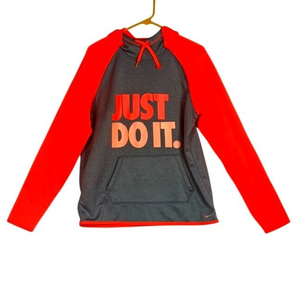 Nike Therma-FIT Hoodie Mens Large Grey Neon Orange Just Do It Pullover Thumbhole